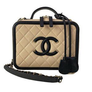 Chanel CC Filigree, Matelass Vanity Bag A93343 Beige Black